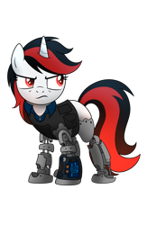 Size: 722x1107 | Tagged: safe, artist:drawponies, oc, oc only, oc:blackjack, cyborg, pony, unicorn, fallout equestria, fallout equestria: project horizons, blank flank, level 1 (project horizons), prosthetics