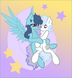 Size: 698x751 | Tagged: safe, artist:darabirb, artist:iroxykun, oc, oc only, oc:feather paint, oc:pocket dial, pegasus, pony, unicorn, collaboration, dreamboat, shipping