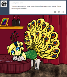 Size: 640x730 | Tagged: safe, artist:ficficponyfic, oc, oc only, oc:golden brisk, peacock, clothes, crossdressing, dress, male, peacock pony, solo, trap