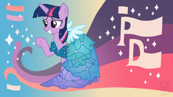 Size: 1920x1080 | Tagged: safe, artist:unnamed-doctor, twilight sparkle, twilight sparkle (alicorn), alicorn, pony, canterlot boutique, clothes, dress, female, mare, outfit catalog, princess dress, smile and wave, solo, waving