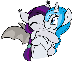 Size: 2056x1772 | Tagged: safe, artist:furrgroup, oc, oc only, oc:bubble lee, oc:sweet hum, bat pony, pony, unicorn, cute, freckles, hug, smiling