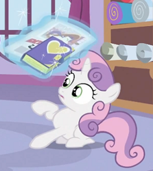 Size: 310x348 | Tagged: safe, screencap, sweetie belle, ponyville confidential, book, scared, solo