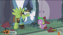 Size: 960x540 | Tagged: safe, screencap, douglas spruce, evergreen, spike, dragon, princess spike (episode), cap, chainsaw, discovery family logo, goggles, hat, hoof shoes, pine tree, toolbelt, tree
