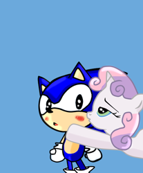 Size: 500x603 | Tagged: safe, artist:kaiamurosesei, sweetie belle, blushing, classic sonic, crossover, crossover shipping, kissing, request, shipping, sonic the hedgehog, sonic the hedgehog (series), sonicbelle