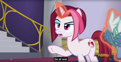 Size: 1590x820 | Tagged: safe, screencap, cayenne, canterlot boutique, discovery family logo, levitation, magic, meme, raised eyebrow, raised hoof, telekinesis, war, youtube caption