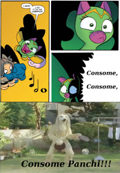 Size: 775x1115 | Tagged: safe, artist:jay fosgitt, cheerilee, cloverleaf, dog, human, spoiler:comic, spoiler:comic29, consome panchi, creepy japanese commercial, fursuit, irl, irl human, meme, photo, surprise entrance meme