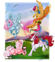 Size: 1024x1156 | Tagged: safe, artist:cigarscigarettes, lickety split, moondancer (g1), skydancer, wind whistler, g1, flying, ice cream, tail bow