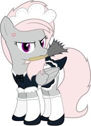 Size: 4870x6760 | Tagged: safe, artist:stillfire, oc, oc only, oc:violet, pegasus, pony, absurd resolution, angry, clothes, cross-popping veins, duster, maid, mouth hold, shoes, simple background, solo, stockings, tail bow, transparent background