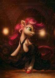 Size: 935x1320 | Tagged: safe, artist:assasinmonkey, roseluck, earth pony, pony, beautiful, clothes, dancing, dress, female, mare, shoes, solo, spotlight