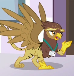 Size: 1047x1068 | Tagged: safe, screencap, galena, griffon, tiger griffon, princess spike (episode), background griffon, cropped, female, lanyard, name tag, open beak, raised claw, solo, spread wings, wings