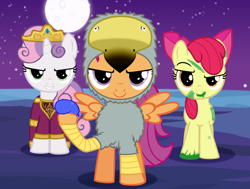 Size: 990x750 | Tagged: safe, artist:bootsyslickmane, apple bloom, scootaloo, sweetie belle, dodo, earth pony, pegasus, pony, unicorn, zombie, clothes, costume, cutie mark crusaders, fanfic, fanfic art, female, filly, gimp, nightmare night, scootadodo, story in the source, trio, water balloon