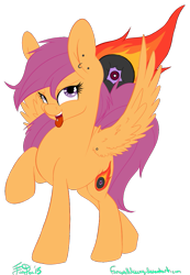 Size: 699x1012 | Tagged: safe, artist:farewelldecency, scootaloo, pegasus, pony, alternate cutie mark, cutie mark, ear piercing, earring, jewelry, older, one hoof raised, piercing, simple background, solo, tongue piercing, transparent background, wing piercing