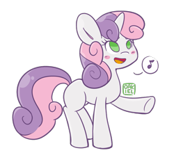 Size: 1323x1232 | Tagged: safe, artist:oakiel, sweetie belle, pony, unicorn, blank flank, blushing, cute, diasweetes, female, filly, music notes, no pupils, open mouth, pictogram, singing, solo, speech bubble