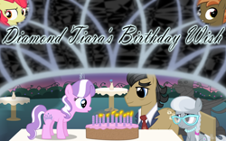 Size: 1600x1000 | Tagged: safe, artist:bootsyslickmane, apple bloom, button mash, diamond tiara, filthy rich, gustave le grande, silver spoon, griffon, birthday, birthday cake, cake, chair, fanfic, fanfic art, fanfic cover, flower, gimp, statue, story in the source, table