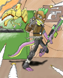 Size: 1040x1280 | Tagged: safe, artist:hbdhow, peewee, spike, anthro, bloodwing, borderlands, cosplay, gun, mordecai