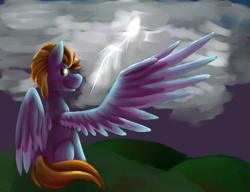 Size: 931x715 | Tagged: safe, artist:eggoat, artist:eggoatt, artist:tomboy-brony, lightning dust, pegasus, pony, cloud, cloudy, female, lightning, looking back, mare, one wing out, sitting, smiling, solo