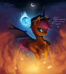 Size: 3379x3750 | Tagged: safe, artist:rain-gear, scootaloo, bat pony, pony, bedroom eyes, black sclera, blank flank, blue eyes, euphoric, featured on derpibooru, female, filly, fire, fluffy, flying, hat, m'lady, moon, necktie, night, race swap, scootabat, smiling, solo, spread wings, student of the night, trilby