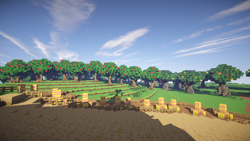 Size: 854x480 | Tagged: safe, apple orchard, apple tree, brohoof.com, cloud, cloudy, fence, game screencap, hay bale, minecraft, no pony, render, sweet apple acres, tree, zap apple tree