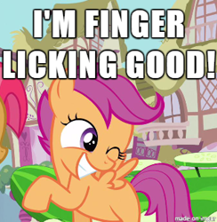 Size: 319x327 | Tagged: safe, edit, edited screencap, screencap, babs seed, scootaloo, pegasus, pony, cannibalism joke, caption, female, filly, finger licking good, image macro, implied cannibalism, innuendo, kfc, meme, scootachicken, wink