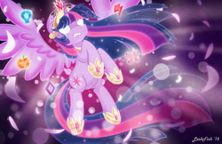 Size: 1280x828 | Tagged: safe, artist:abbystarling, twilight sparkle, twilight sparkle (alicorn), alicorn, pony, big crown thingy, element of generosity, element of honesty, element of kindness, element of laughter, element of loyalty, element of magic, elements of harmony, female, glowing eyes, magic, mare, solo, spread wings