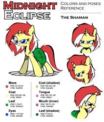 Size: 850x1000 | Tagged: safe, artist:labba94, oc, oc only, oc:midnight eclipse, pony, unicorn, blank flank, leaf, reference sheet, shaman, solo