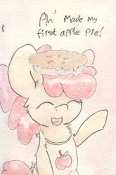 Size: 675x1025 | Tagged: safe, artist:slightlyshade, apple bloom, happy, pie, solo, traditional art