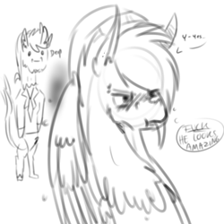 Size: 1024x1024 | Tagged: safe, artist:suenden-hund, oc, oc only, oc:agony, pegasus, pony, :, :t, askemodiscord, blushing, cute, derp, gay, male, monochrome, sketch, swearing, thought bubble, tsundere, vulgar, wingboner