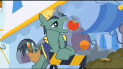 Size: 480x270 | Tagged: safe, screencap, constructicorn, princess spike (episode), animated, apple, bored, construction pony, discovery family logo, eating, pencil, public works pony, surprised, toolbelt