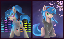 Size: 2400x1500 | Tagged: safe, artist:ardail, oc, oc only, oc:blossom, oc:glimmer, clothes, glowstick, headband, hoodie, necklace, tree