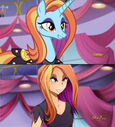 Size: 1280x1420 | Tagged: safe, artist:skyeypony, screencap, sassy saddles, human, canterlot boutique, cleavage, eyeshadow, female, grin, humanized, lidded eyes, makeup, scene interpretation, smiling, solo