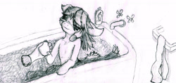 Size: 4756x2240 | Tagged: safe, artist:derpsickle, apple bloom, bath, charming, cute, hand, like a distant fond memory, monochrome, traditional art