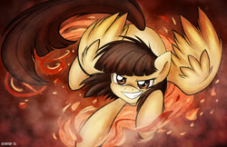 Size: 1280x828 | Tagged: safe, artist:abbystarling, wild fire, badass, fire, grin, smirk, solo, spread wings