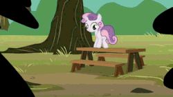 Size: 610x343 | Tagged: safe, screencap, sweetie belle, bloom and gloom, the show stoppers, animated, cutie mark, hilarious in hindsight, sweepy belle