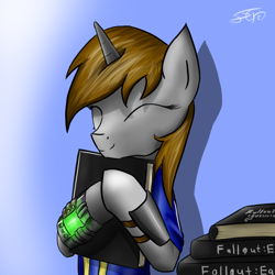 Size: 1140x1140 | Tagged: safe, oc, oc only, oc:littlepip, pony, unicorn, fallout equestria, book, clothes, eyes closed, fanfic, fanfic art, female, gradient background, hooves, horn, mare, pipbuck, smiling, solo, vault suit