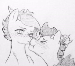 Size: 2046x1800 | Tagged: safe, artist:kianamai, oc, oc only, oc:crystal clarity, oc:prince illusion, dracony, hybrid, female, interspecies offspring, kilalaverse, kissing, male, next generation, oc x oc, offspring, offspring shipping, parent:discord, parent:princess celestia, parent:rarity, parent:spike, parents:dislestia, parents:sparity, pencil drawing, scrunchy face, shipping, sketch, straight, traditional art