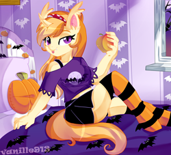 Size: 1280x1160 | Tagged: safe, artist:spookyle, oc, oc only, oc:pumpkin patch, anthro, bat pony, bat pony unicorn, bedroom, bedroom eyes, female, mare, naughty, solo, wingless bat pony