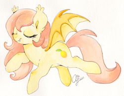 Size: 2549x1983 | Tagged: safe, artist:inkie-heart, oc, oc only, oc:peach blossom, bat pony, pony, solo, traditional art, watercolor painting