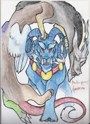 Size: 1700x2338 | Tagged: safe, artist:thelionmedal, discord, grogar, g1, badass, cloven hooves, colored pencil drawing, crossover, g1 to g4, generation leap, male, ram, red eyes, signature, spanish, traditional art