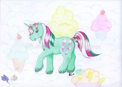 Size: 1000x713 | Tagged: safe, artist:larrachersan, fizzy, g1, cupcake, food, solo, unshorn fetlocks