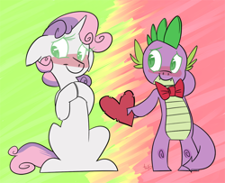 Size: 1000x811 | Tagged: safe, artist:mrtomfox, spike, sweetie belle, dragon, blushing, bowtie, female, male, shipping, spikebelle, straight