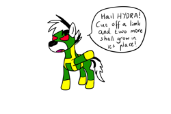 Size: 1200x800 | Tagged: safe, oc, oc only, oc:zot, hydra, zebra, ask, clothes, costume, dialogue, hail hydra, male, open mouth, raised hoof, simple background, solo, stallion, tumblr, white background