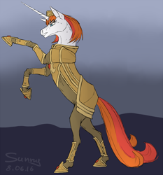Size: 900x966 | Tagged: safe, artist:sunny way, oc, oc only, horse, pony, unicorn, armor, clothes, colored, colored sketch, cute, female, fight, glare, gritted teeth, hat, horseshoes, mare, patreon, rcf community, rearing, sketch, solo, uniform, warrior