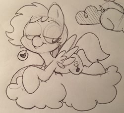 Size: 1280x1175 | Tagged: safe, artist:gopherfrog, oc, oc only, oc:gopherfrog, oc:melody, pegasus, pony, cloud, doodle, monochrome, pen sketch, sketch, solo, traditional art