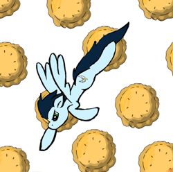 Size: 698x692 | Tagged: safe, artist:downburst-backspace, soarin', flying, old cutie mark, pie, solo, that pony sure does love pies