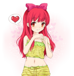 Size: 1200x1230 | Tagged: safe, artist:d-tomoyo, apple bloom, human, adorabloom, belly button, blushing, child, clothes, cute, heart, heart hands, humanized, looking at you, midriff, pictogram, shorts, simple background, smiling, solo, swimsuit, transparent background