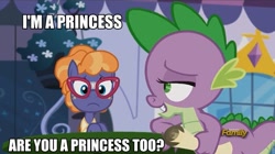 Size: 960x539 | Tagged: safe, edit, screencap, frazzle rock, spike, dragon, princess spike (episode), bedroom eyes, broken glasses, eyelashes, frown, grin, i'm a princess are you a princess too?, image macro, meme, not gay, roflbot, smiling