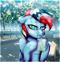 Size: 2255x2345 | Tagged: safe, artist:cookie2555, oc, oc only, pegasus, pony, :t, bench, bipedal, blushing, bush, drink, drinking, female, fence, glass, lamppost, looking at you, mare, park, path, solo, straw, tree, wall