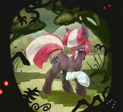 Size: 1000x914 | Tagged: safe, artist:oze, oc, oc only, oc:asterisk the witch, oc:stripe shine, earth pony, insect, pony, blushing, clothes, dark, ear fluff, eyebrows visible through hair, female, forest, frown, glowing eyes, hidden eyes, mare, open mouth, raised eyebrow, raised hoof, sock, socks, solo, striped socks, tail wrap