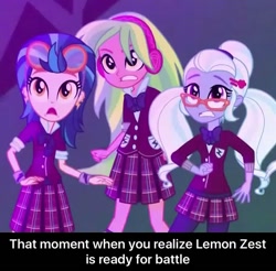 Size: 608x599 | Tagged: safe, edit, edited screencap, screencap, indigo zap, lemon zest, sugarcoat, equestria girls, friendship games, caption