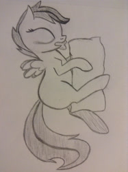 Size: 1280x1714 | Tagged: safe, artist:poorlydrawnpony, scootaloo, drool, monochrome, pillow, sleeping, solo, traditional art